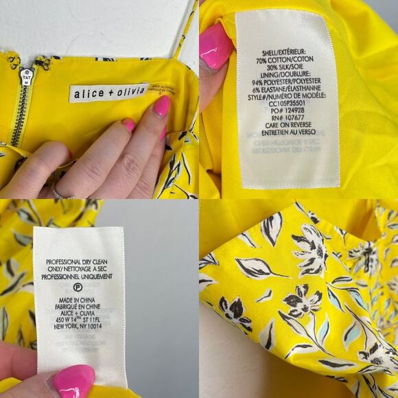Alice + Olivia Glinda Yellow Floral Cotton Silk Blend Mini Fit and Flare Dress 8 - Picture 12 of 16